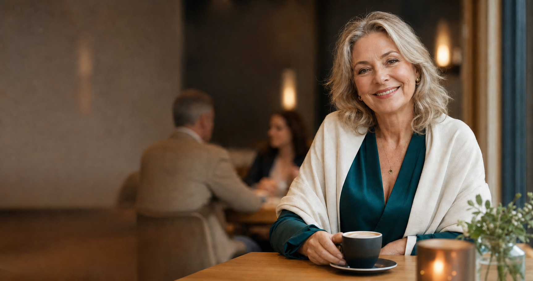 Mature woman smiling in a warm cafe setting